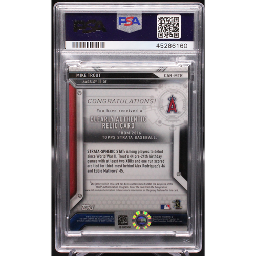 2016 Topps Strata - Mike Trout CAR-MTR - Clearly Authentic Relic Cards - PSA Authentic Auto 10