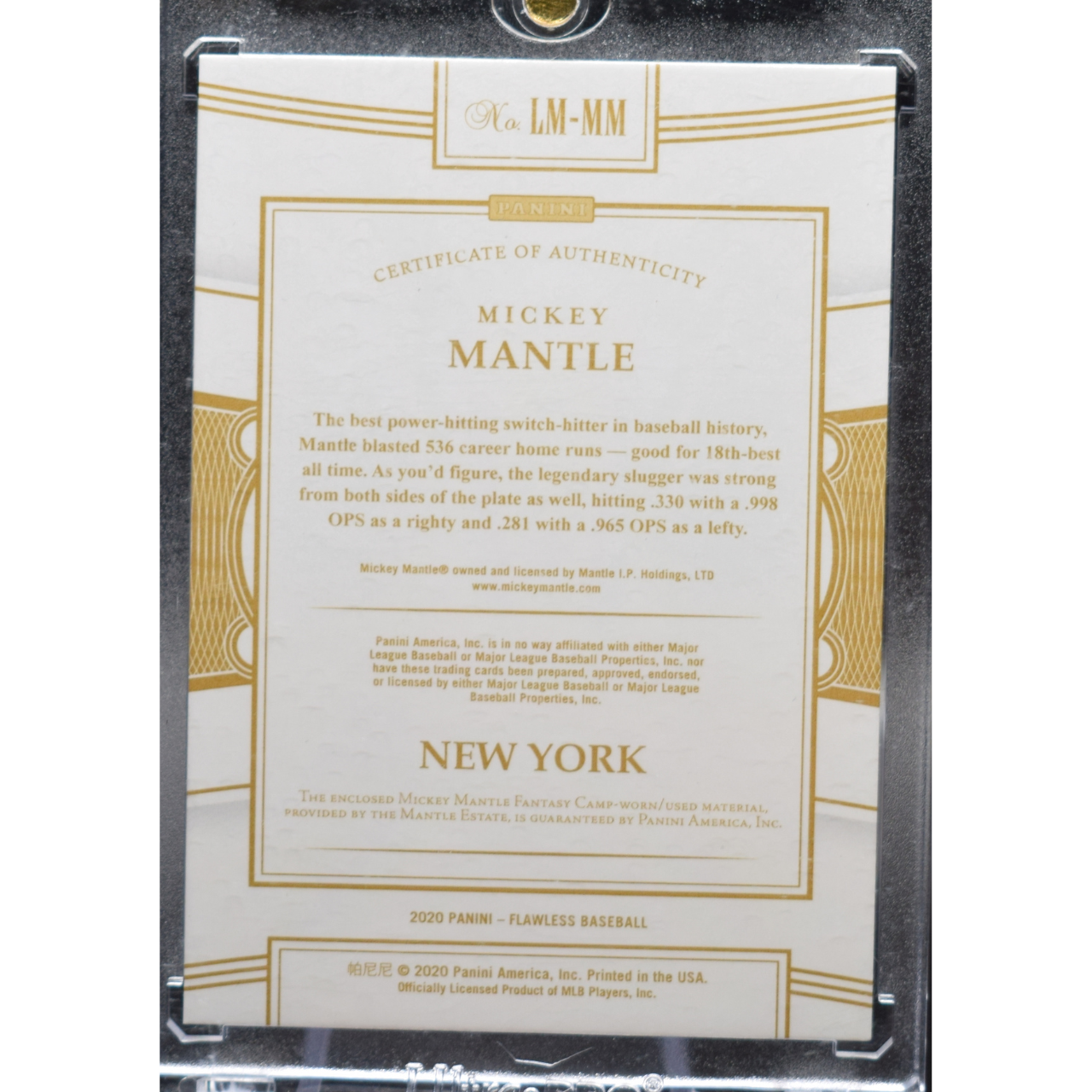 2020 Panini Flawless Baseball - Mickey Mantle LM-MM - Legendary Materials Red /20